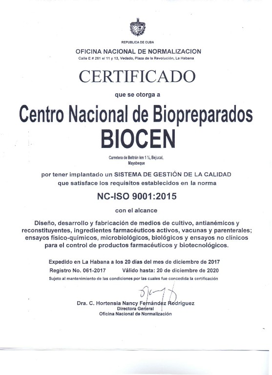 Certficado de Gestión de Calidad Certficado de Gestión de Calidad